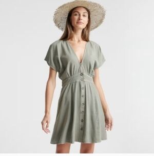 Quince M Olive‎ Green Vintage Wash Tencel Button Front Dress Midi A-Line